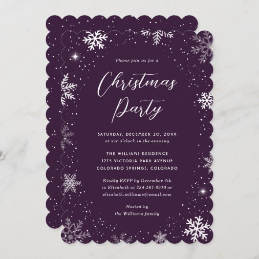 Modernes Snowflake Lila Weihnachtsfest Party Einladung (Vorne/Hinten)