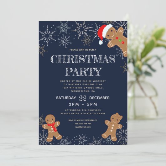 Modernes Snowflake Navy Weihnachts-Party Einladung (Stehend Vorderseite)
