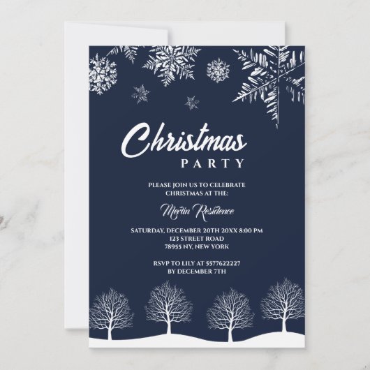 Modernes Snowflake Pine Navy Winter Weihnachtsfest Einladung (Vorderseite)