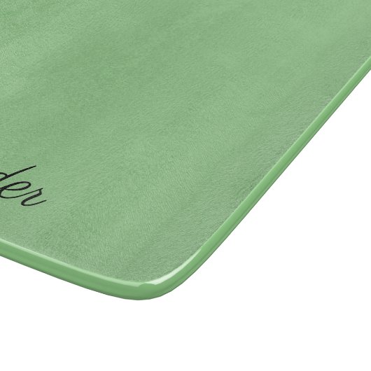 Modernes Solid Sage Green Template Schwarzes Skrip Schneidebrett (Ecke)