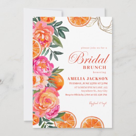Modernes Sommerzitrus Orange Brautparty Einladung (Vorderseite)