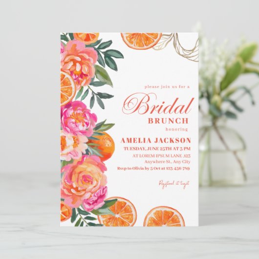 Modernes Sommerzitrus Orange Brautparty Einladung (Stehend Vorderseite)