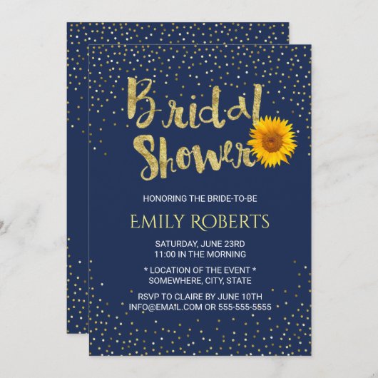 Modernes Sonnenblumen-Brautparty Navy Blue Einladung (Vorne/Hinten)