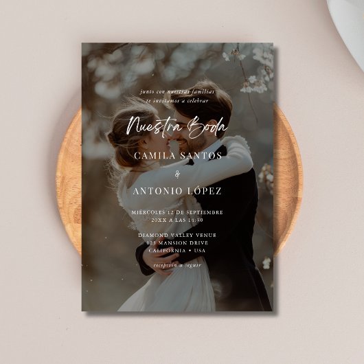 Modernes spanisches Black Overlay Foto Hochzeit Einladung