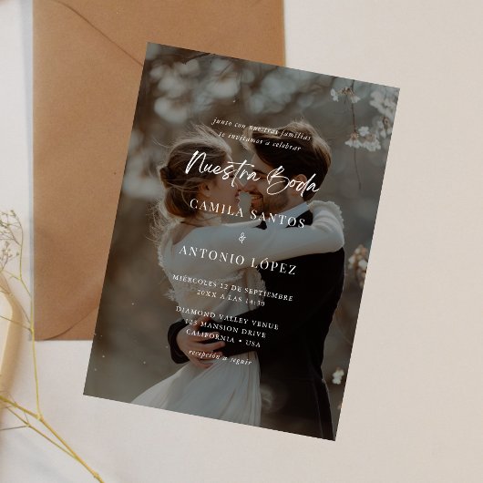 Modernes spanisches Black Overlay Foto Hochzeit Einladung