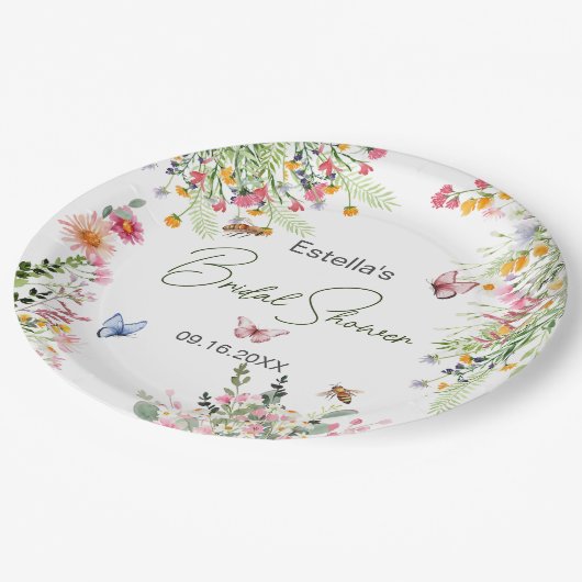 Modernes Spring Wild Blume Script Brautparty Pappteller (Schrägansicht)