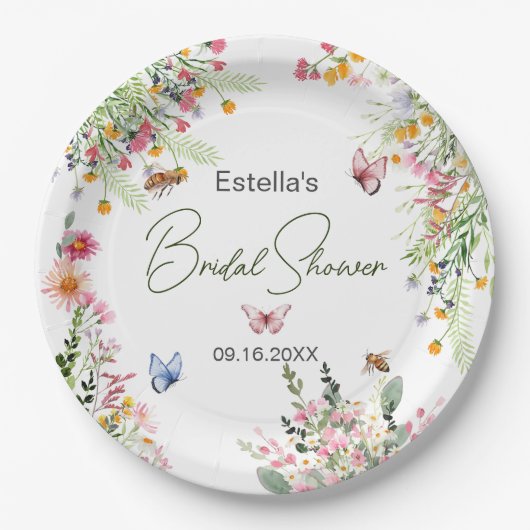Modernes Spring Wild Blume Script Brautparty Pappteller (Vorderseite)