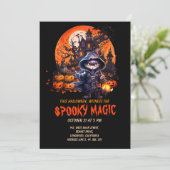 Modernes Spuk Haus Black Cat Hexe Halloween Einladung (Stehend Vorderseite)