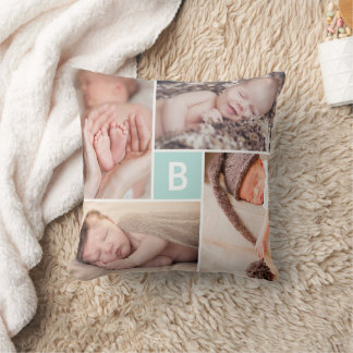 Modernes Square Grid Blue Monogram 4 Foto Collage Kissen
