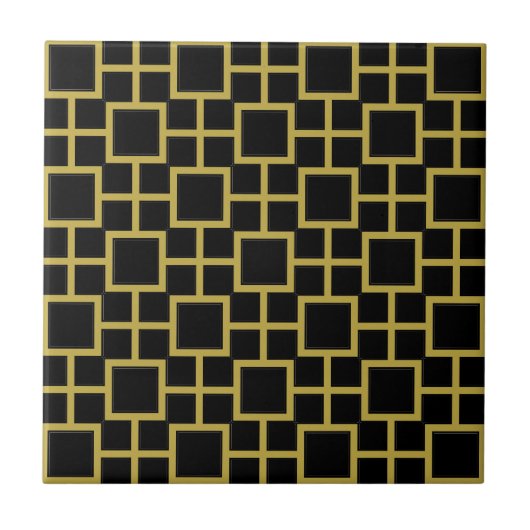 Modernes Square Pattern Gold auf schwarz Fliese (Vorderseite)