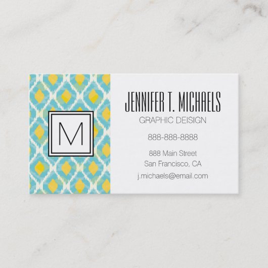 Modernes Stammes- ikat blaue gelbe Mode Visitenkarte (Vorderseite)
