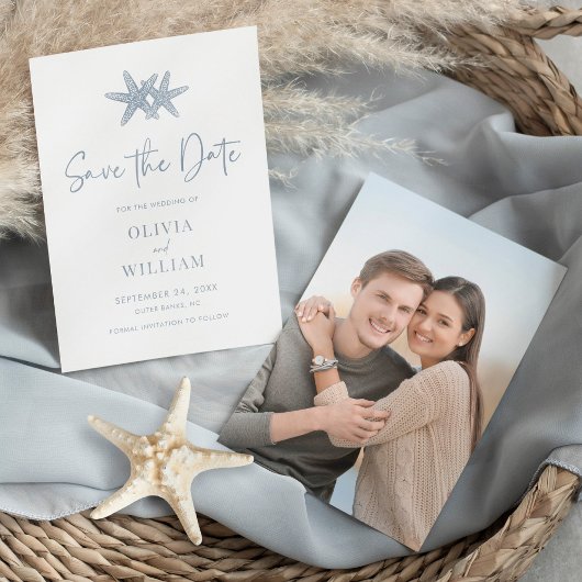 Modernes Starfish Beach Dusty Blue Foto Wedding Save The Date
