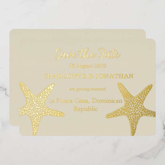 Modernes Starfish Beach Wedding Gold Folieneinladung (Vorderseite/Rückseite)