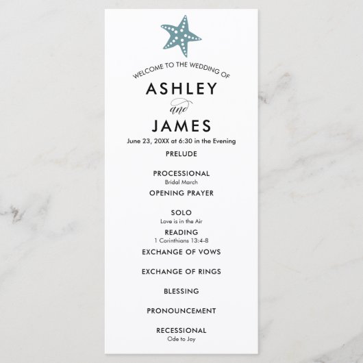 Modernes Starfish Hochzeitsprogramm Blue Gray Programm (Vorderseite)