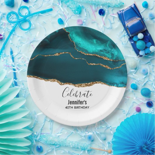 Modernes, stilvolles Aquamarin & Gold Agate am Wei Pappteller (Party)