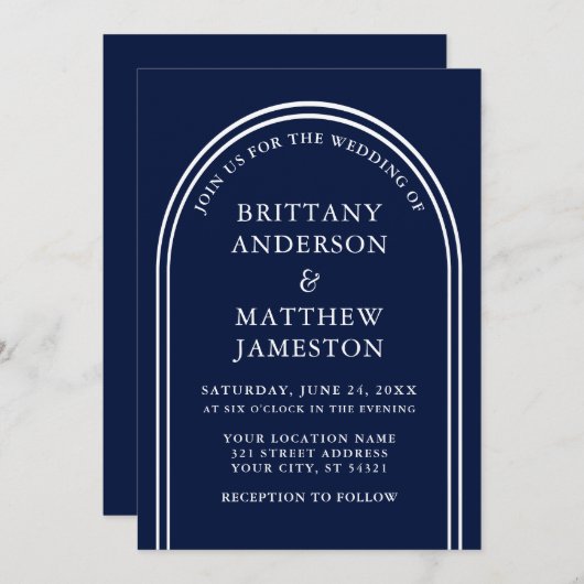 Modernes, stilvolles Arch Wedding Blue Einladung (Vorne/Hinten)