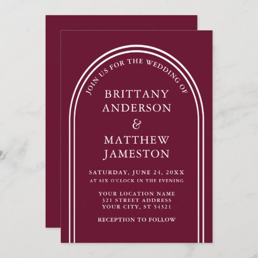 Modernes, stilvolles Arch Wedding Burgundy Einladung (Vorne/Hinten)