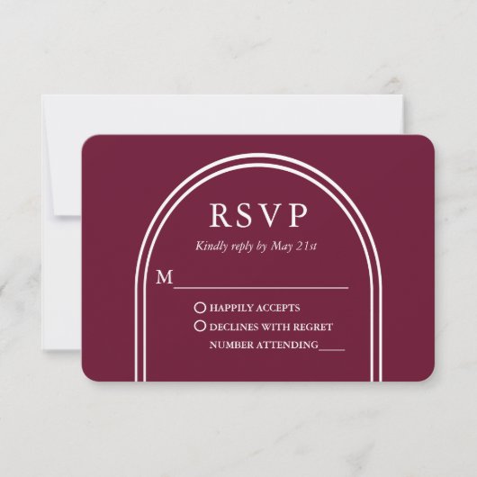 Modernes, stilvolles Arch Wedding Burgundy RSVP Karte (Vorderseite)