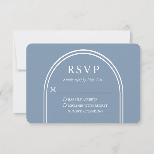 Modernes, stilvolles Arch Wedding Dusty Blue RSVP Karte (Vorderseite)