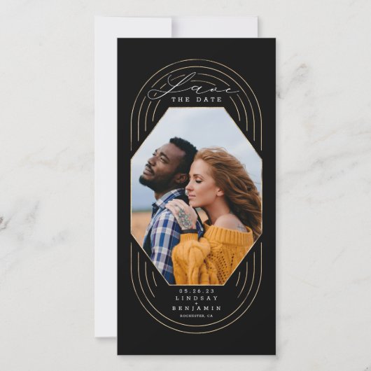 Modernes, stilvolles Boho Gold Black Save the Date (Vorderseite)