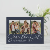 Modernes, stilvolles Drehbuch mit 3 Foto-Marinebla Save The Date (Stehend Vorderseite)