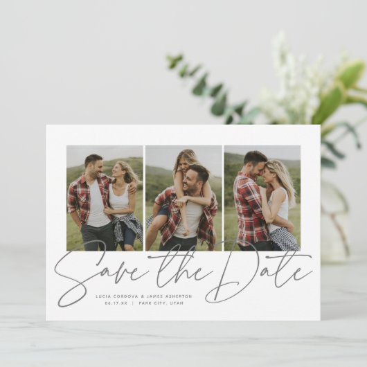 Modernes, stilvolles Drehbuch mit drei Fotos Save Save The Date (Stehend Vorderseite)