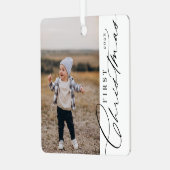 Modernes stilvolles First Christmas Script Family  Ornament Aus Metall (Vorderseite links)