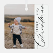 Modernes stilvolles First Christmas Script Family  Ornament Aus Metall (Vorderseite)