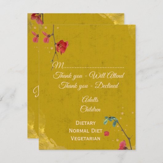 Modernes, stilvolles Gold und Rot RSVP Karte (Vorne/Hinten)