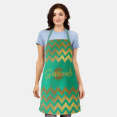 Modernes, stilvolles Grün und Gold Zickzack Schürze (Getragen)
