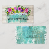Modernes, stilvolles Holz floral Türkis Wasserfarb Visitenkarte (Vorne/Hinten)