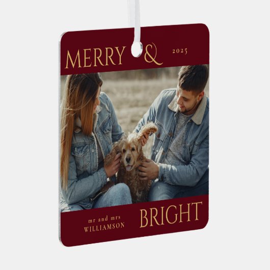 Modernes, stilvolles Red Merry Christmas Family Fo Ornament Aus Metall (Vorderseite Rechts)