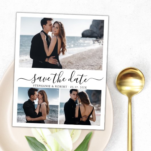Modernes, stilvolles Script 3 Foto Collage Wedding Save The Date