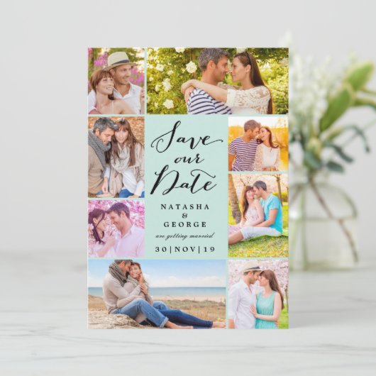 Modernes, stilvolles Script 8 Multi-Foto Save the  Einladung (Stehend Vorderseite)