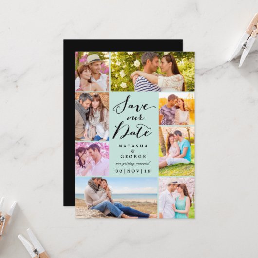 Modernes, stilvolles Script 8 Multi-Foto Save the Einladung (Vorderseite/Rückseite Beispiel)