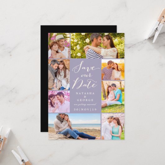 Modernes, stilvolles Script 8 Multi-Foto Save the Einladung (Vorderseite/Rückseite Beispiel)