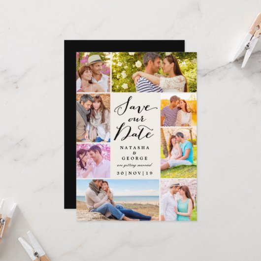 Modernes, stilvolles Script 8 Multi-Foto Save the Einladung (Vorderseite/Rückseite Beispiel)