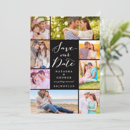 Modernes, stilvolles Script 8 Multi-Foto Save the Einladung (Stehend Vorderseite)