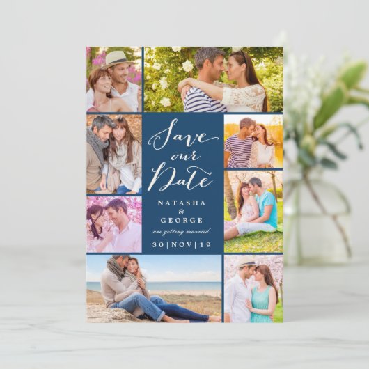 Modernes, stilvolles Script 8 Multi-Foto Save the Einladung (Stehend Vorderseite)