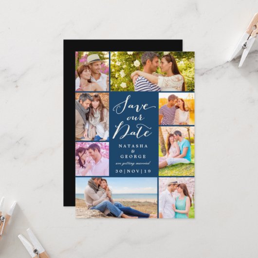 Modernes, stilvolles Script 8 Multi-Foto Save the Einladung (Vorderseite/Rückseite Beispiel)