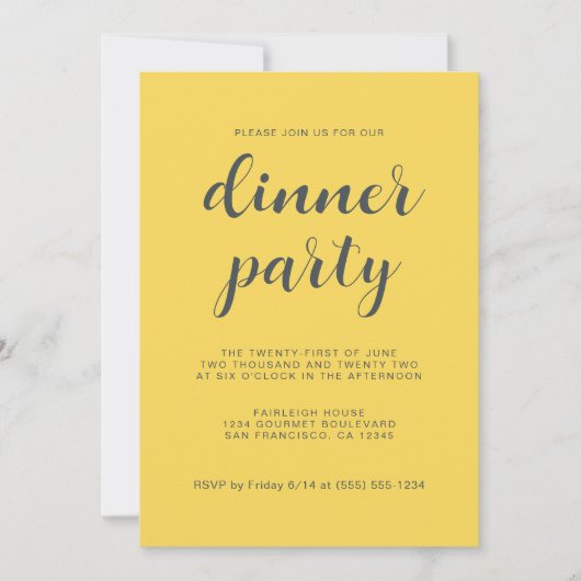 Modernes, stilvolles Script Bright Yellow Dinner P Einladung (Vorderseite)
