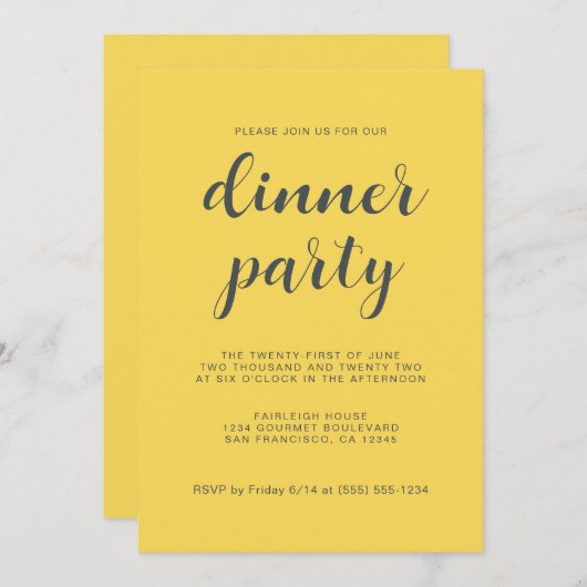 Modernes, stilvolles Script Bright Yellow Dinner P Einladung (Vorne/Hinten)