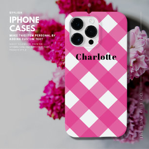 Modernes, stilvolles Simple Pink Gingham mit Namen Case-Mate iPhone 14 Pro Max Hülle