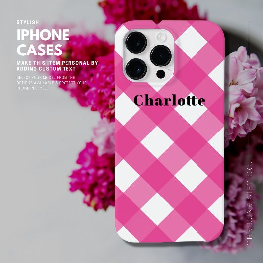 Modernes, stilvolles Simple Pink Gingham mit Namen Case-Mate iPhone Hülle