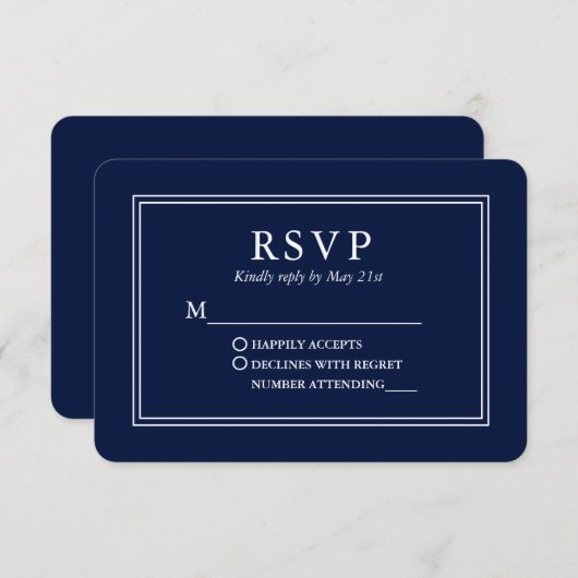 Modernes, stilvolles Wedding Blue RSVP Karte (Vorne/Hinten)
