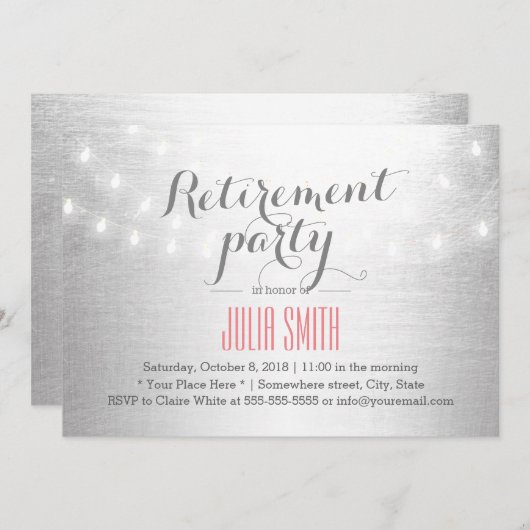 Modernes String Lights Silver Retirement Party Einladung (Vorne/Hinten)