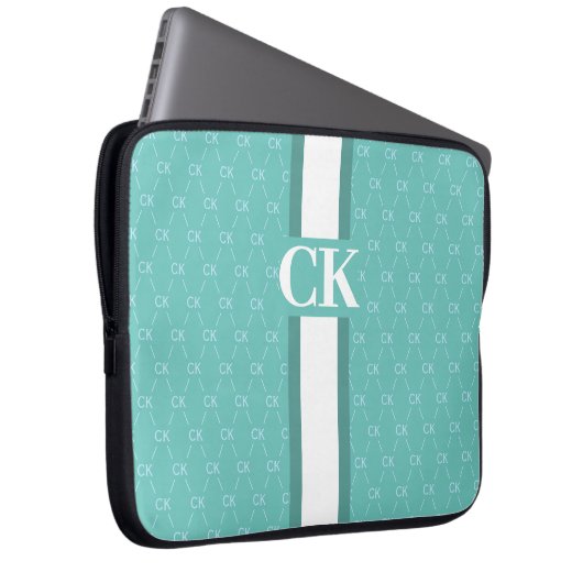Modernes Strip Monogramm mit Designer Muster Blue Laptopschutzhülle (Vorne Rechts)