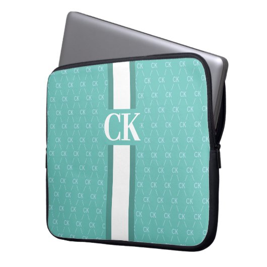 Modernes Strip Monogramm mit Designer Muster Blue Laptopschutzhülle (Vorderseite Links)