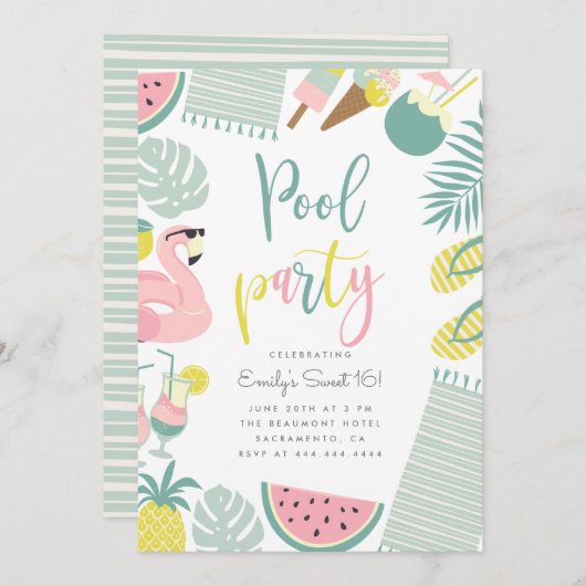 Modernes Summer Pool Party Script Sweet 16 Geburts Einladung (Vorne/Hinten)