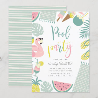 Modernes Summer Pool Party Script Sweet 16 Geburts Einladung